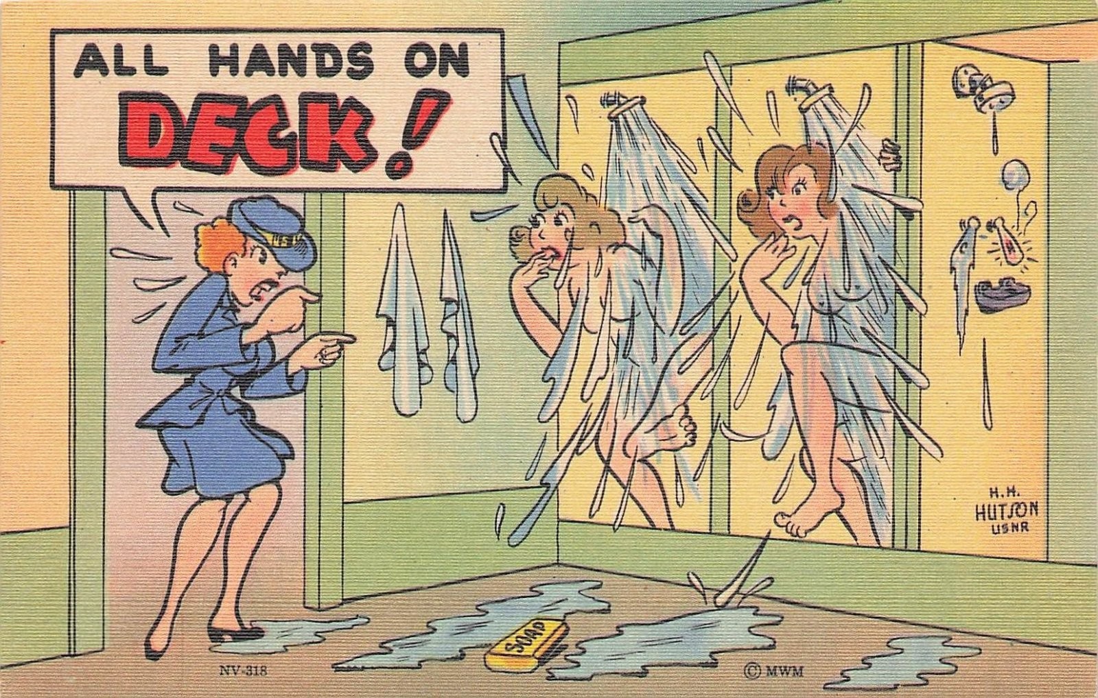 Vintage Risque Humor Postcard Nude Female Navy Sailors Showering Vintage Risque Humor Postcard Nude Female Navy Sailors Showering