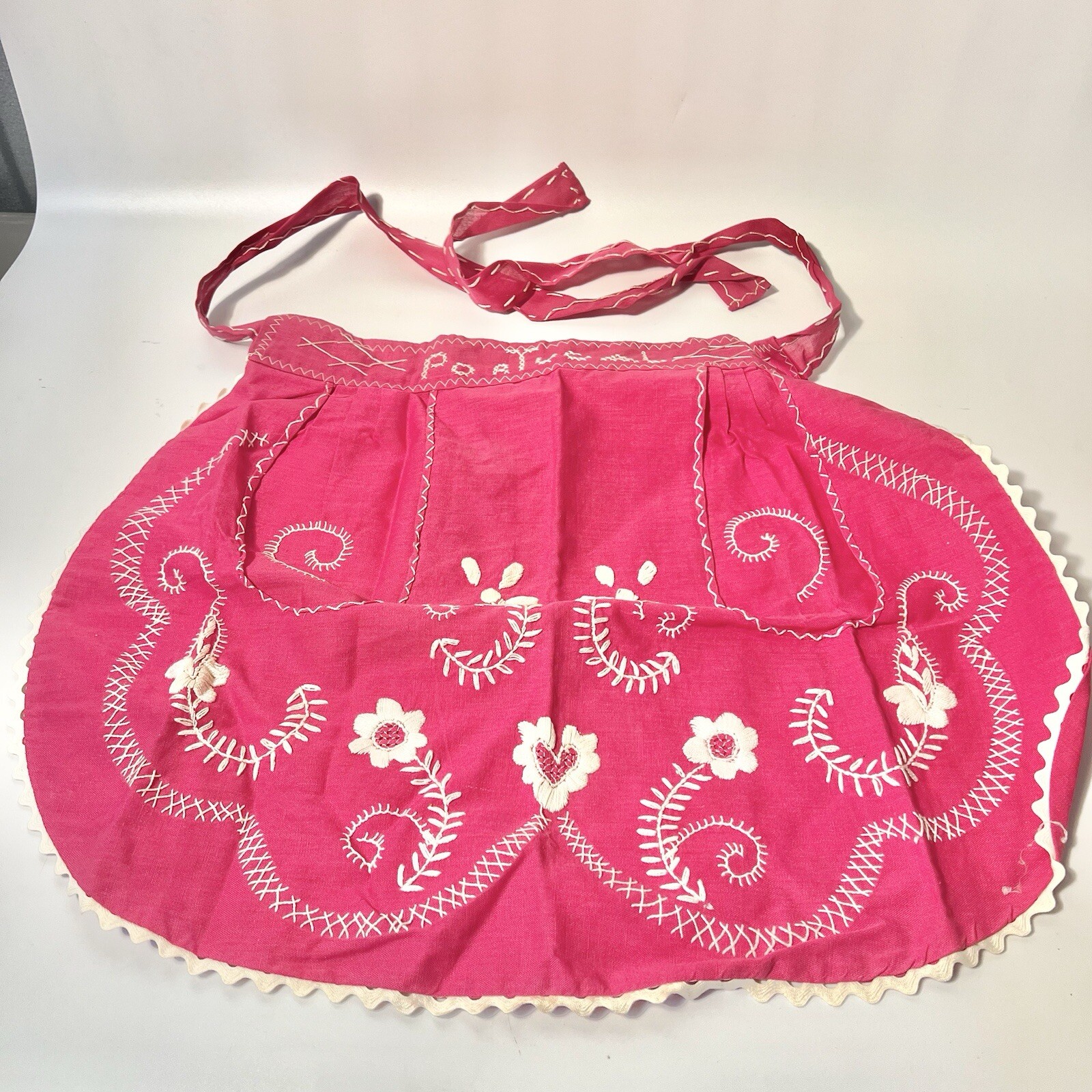 Vtg Handcrafted Apron Portugal Festive Bohemian Stitched Hot Pink Vtg Handcrafted Apron Portugal Festive Bohemian Stitched Hot Pink