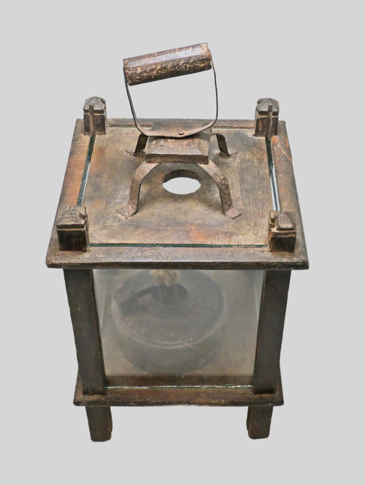 Antique Fine Handcrafted Wooden Cage with Glass covered wind protected Oil Lamp Antique Fine Handcrafted Wooden Cage with Glass covered wind protected Oil Lamp