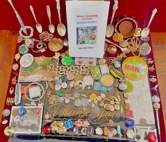 Estate Finds-Mixed smalls: Jewelry, Coins, Stamps, Watch, 10+vintage - lot CBXDZ