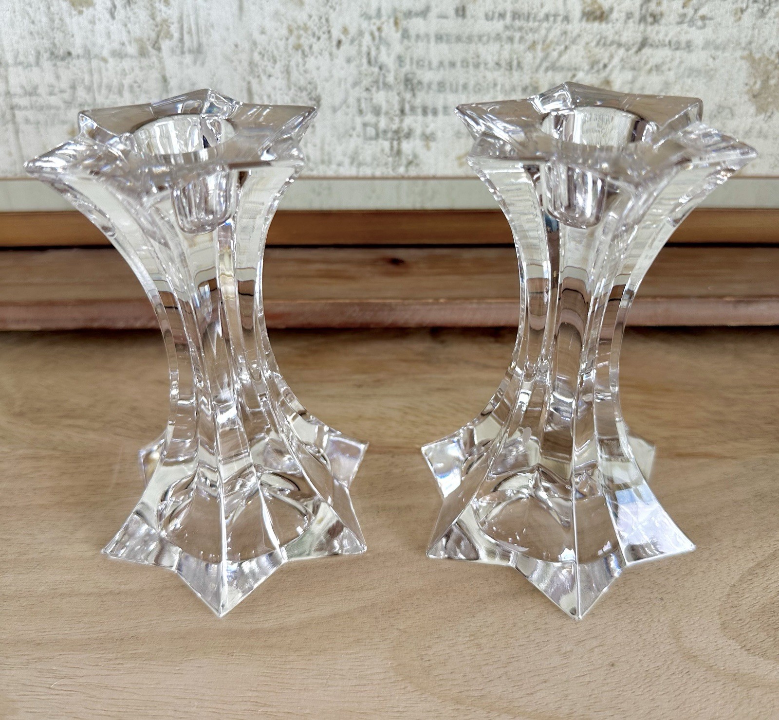 Pair of Firestar Art Deco Design Leaded Crystal Candlesticks by Mikasa, Austria