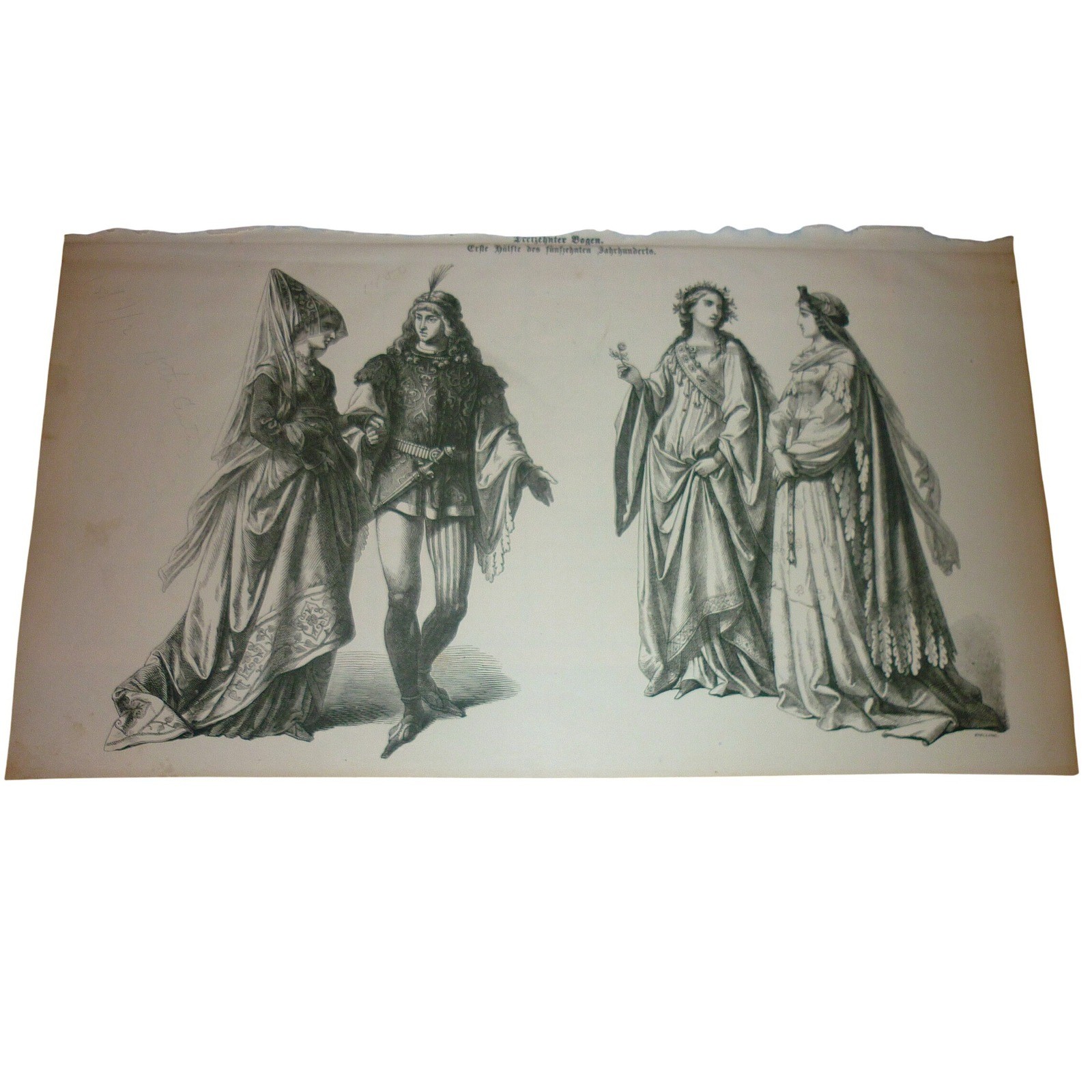 Antique 15th Century German Costume Wood Engraving Print Medieval Fashion Art Antique 15th Century German Costume Wood Engraving Print Medieval Fashion Art
