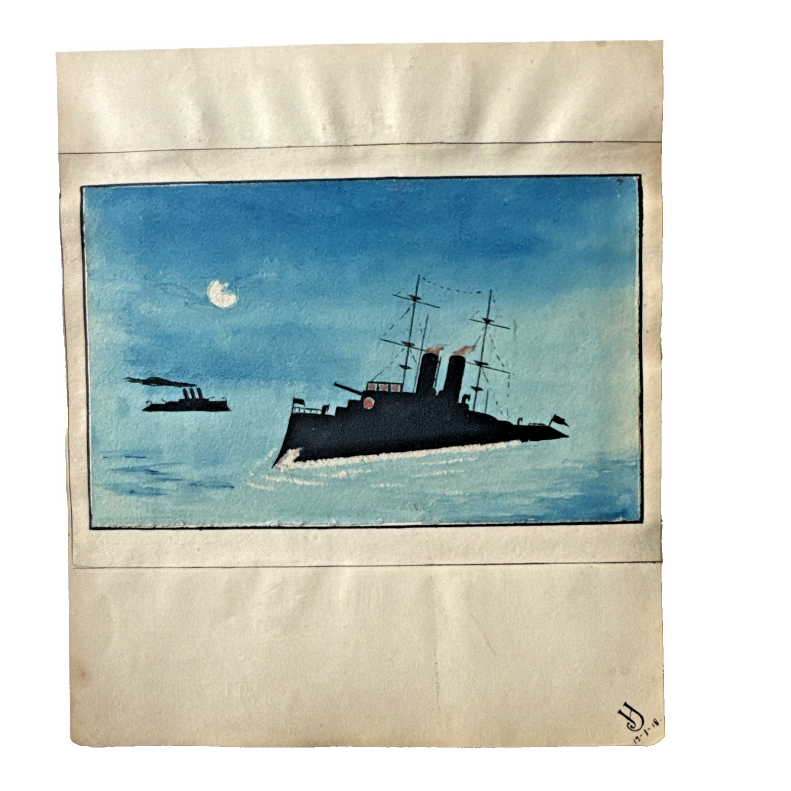 WW1 Original Watercolour Warships by Moonlight 1916 Monogrammed Naval Painting WW1 Original Watercolour Warships by Moonlight 1916 Monogrammed Naval Painting