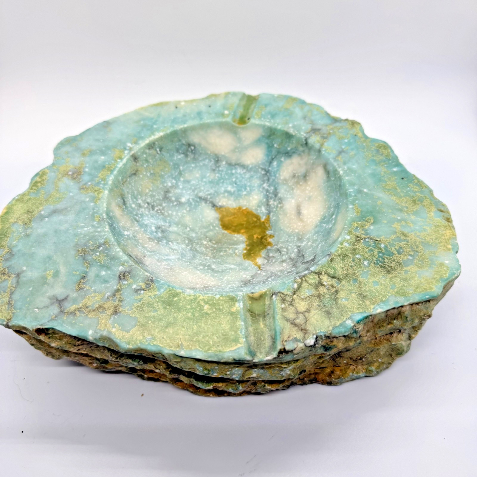 Vintage Large Hand Carved Green Serpentine Stone Ashtray 9