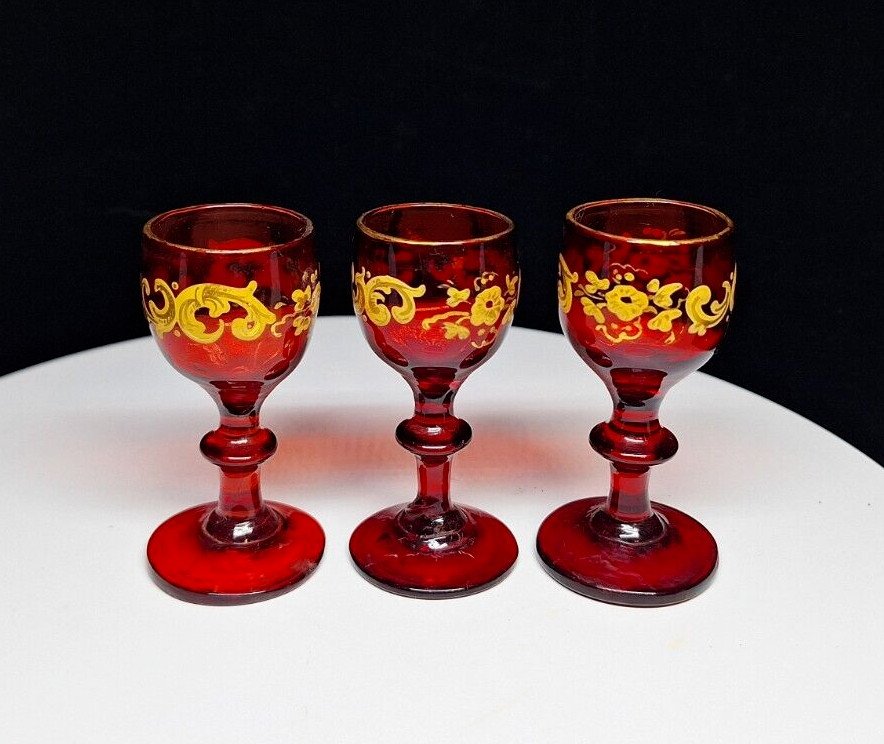 Set of 3 Vintage Miniature Red Gold Trim Stemware Size: Approximately: 2.75 Set of 3 Vintage Miniature Red Gold Trim Stemware Size: Approximately: 2.75
