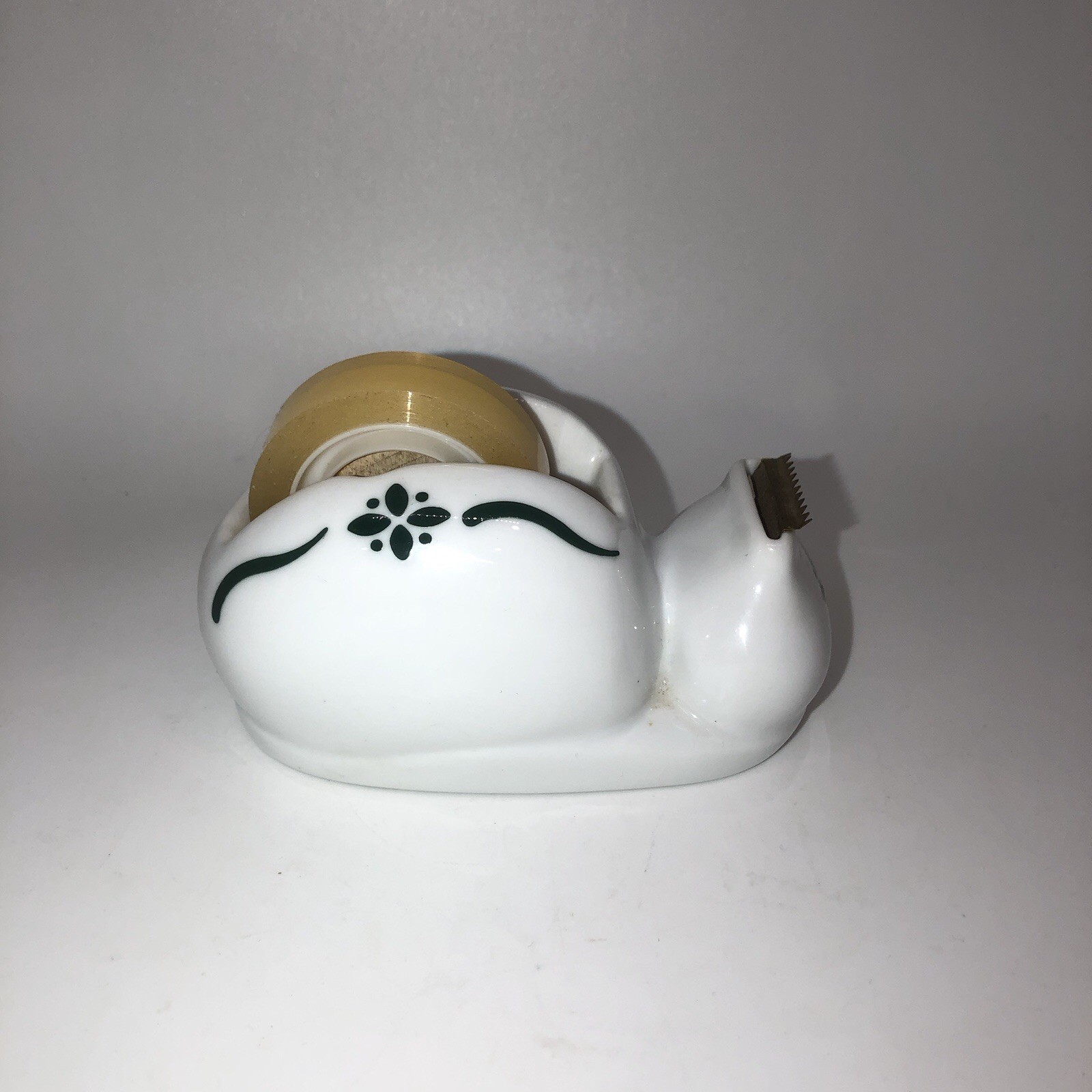 Vtg House Of Prill Porcelain Tape Dispenser Wood Spool Green White Cottage core