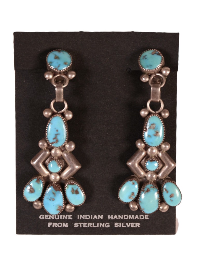 Navajo Turquoise Cluster Clip Earrings ca. 1970s  2.375