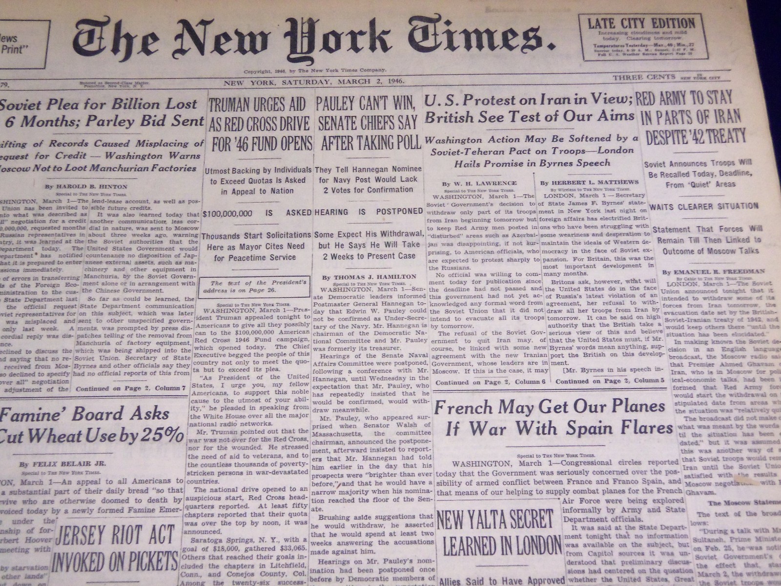 1946 MARCH 2 NEW YORK TIMES - RED ARMY TO STAY IN IRAN - NT 2712 1946 MARCH 2 NEW YORK TIMES - RED ARMY TO STAY IN IRAN - NT 2712