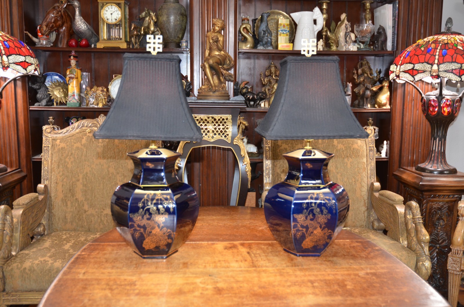 Pair Vintage Hyalyn Cobalt Blue Gilt Oriental Ceramic Ginger Jar Lamps No Shades Pair Vintage Hyalyn Cobalt Blue Gilt Oriental Ceramic Ginger Jar Lamps No Shades