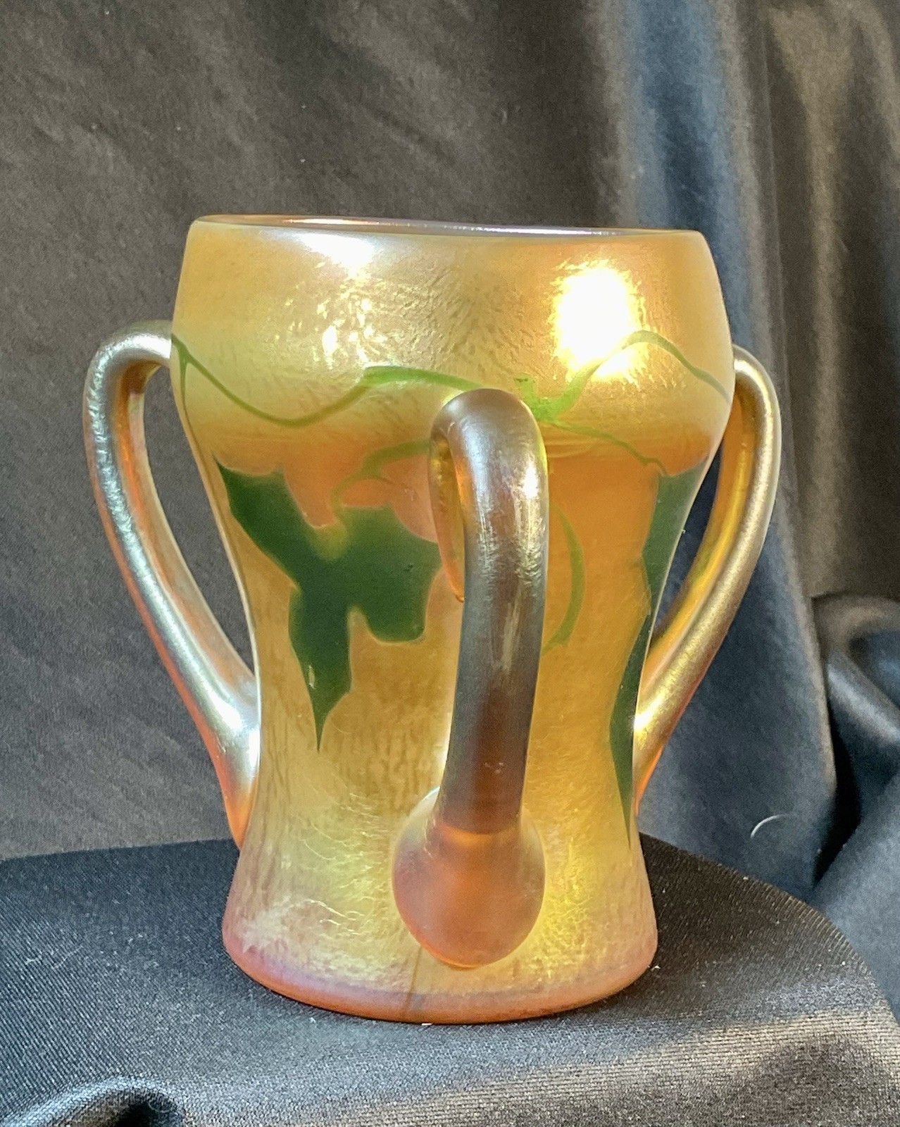 Signed Tiffany Favrile Three-Handled Loving Cup With Leaf & Vine Decoration Signed Tiffany Favrile Three-Handled Loving Cup With Leaf & Vine Decoration