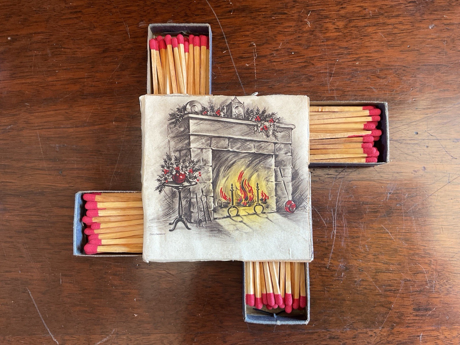 Vintage 1950s 4-Drawer Novelty Matchbox Tower Santa Fireplace Acorn Pulls