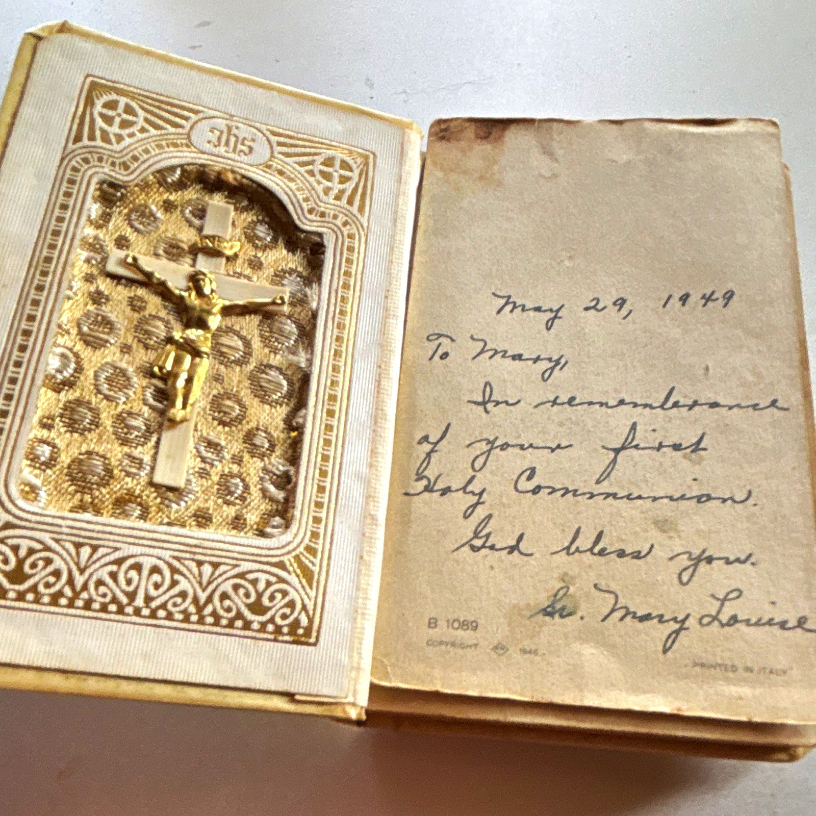 Vintage First Holy Communion Catholic Prayer Book Devotional w/ Crucifix, 1949