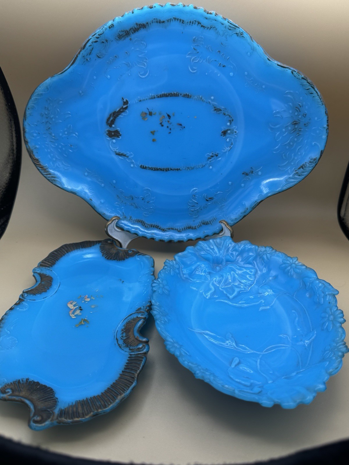 Antique Dithridge Blue Milk Glass Vanity Set 3pc Dresser Trays Platter Victorian