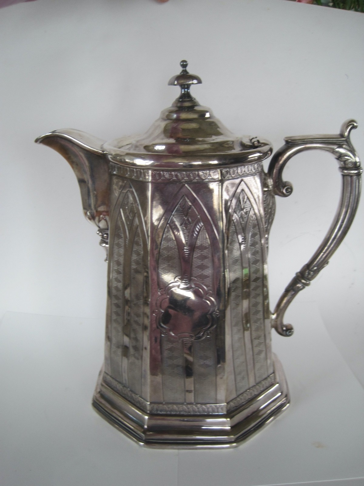Gothic Arch Huge Coffee Pot Silver-Plate Stimpson\'s Double Wall Pitcher 1854