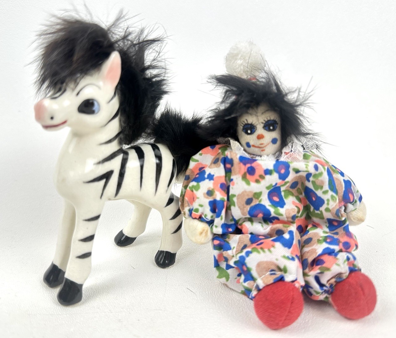 Vintage Q Tee Clown Doll W Hat, Sand,  Handmade & Ceramic Zebra JapanRabbit Fur