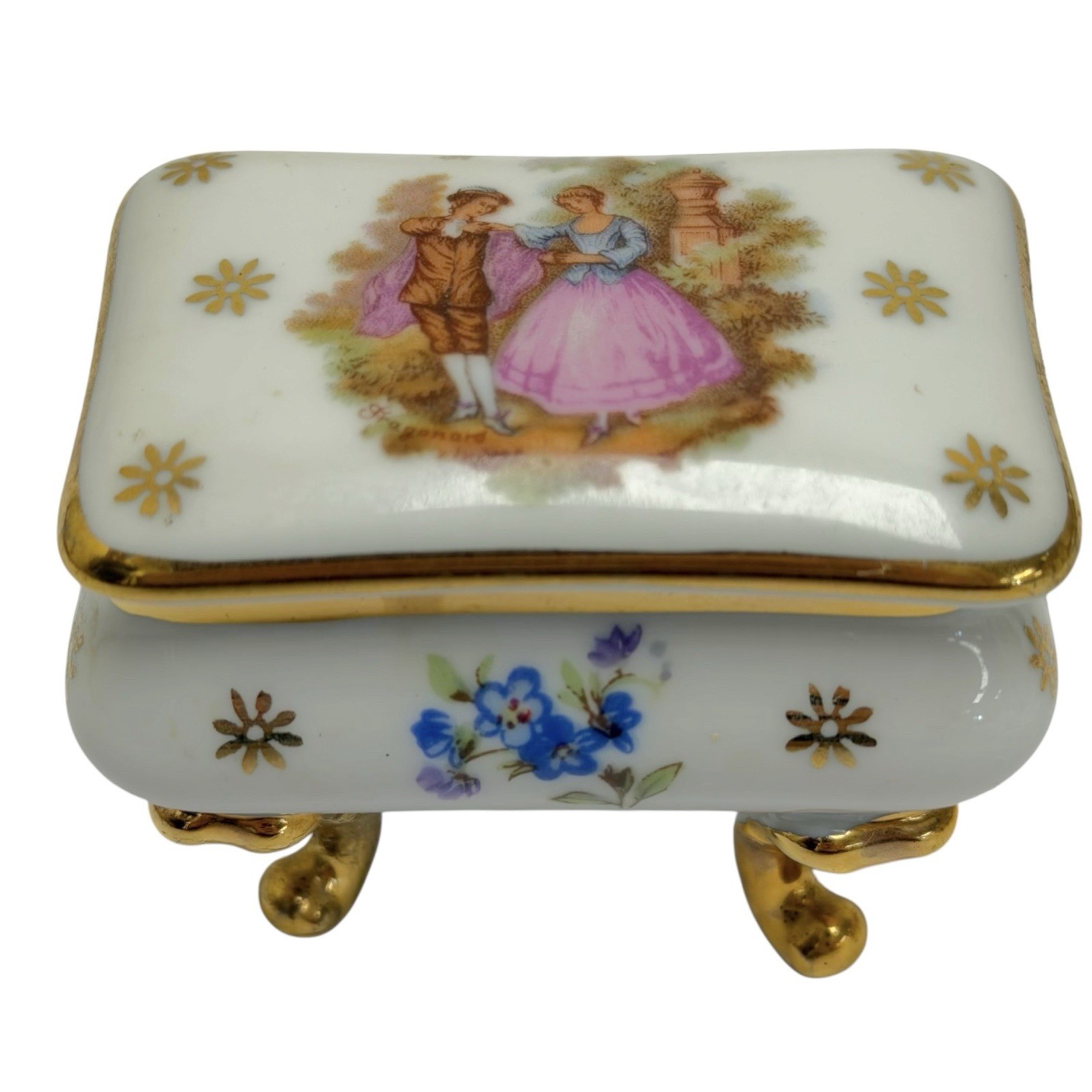 VTG Limoges France Fragonard Courting Couple Hand Painted Miniature Trinket Box
