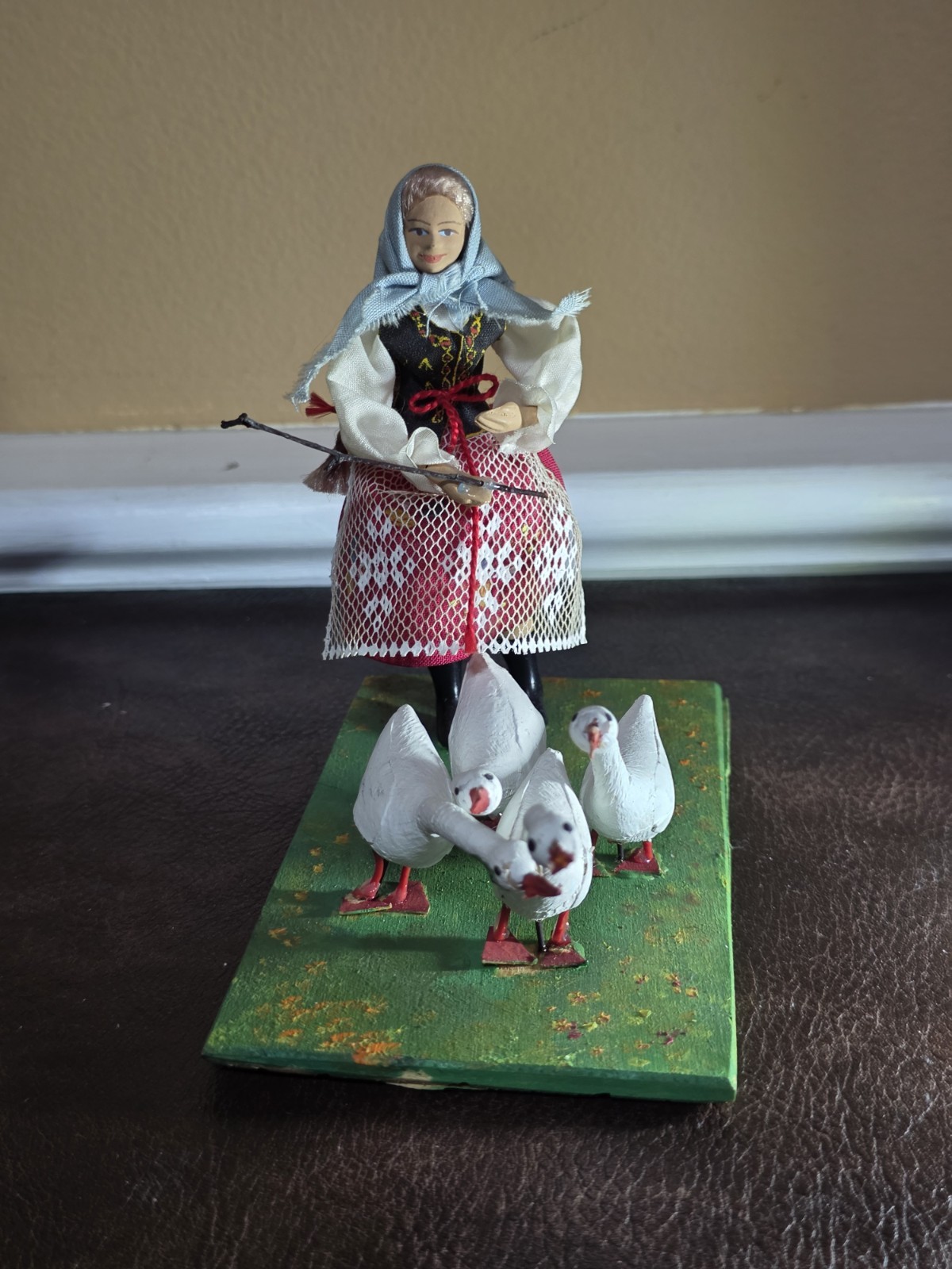 Vintage Handmade Polish Folk Art Diorama Woman Herding Geese Traditional Dress Vintage Handmade Polish Folk Art Diorama Woman Herding Geese Traditional Dress