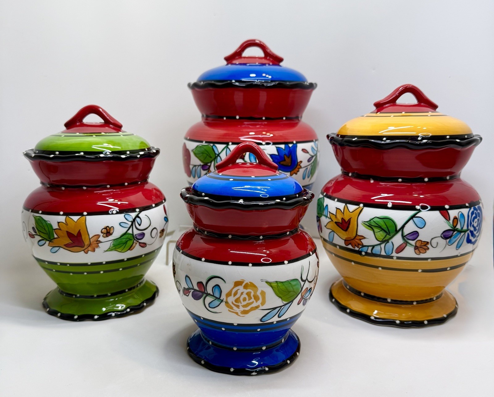 VTG Set(4) Casa Vero Ceramic Canisters+Lids HandPainted Mediterranean Ginger Jar VTG Set(4) Casa Vero Ceramic Canisters+Lids HandPainted Mediterranean Ginger Jar