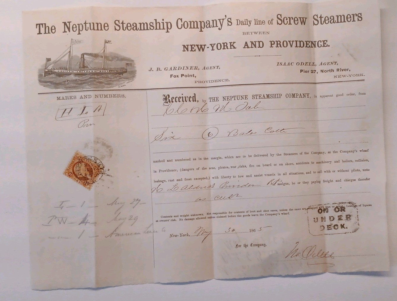 1865 New York & Providence - Neptune Steamship Companys - Rare Letter Head Bill 1865 New York & Providence - Neptune Steamship Companys - Rare Letter Head Bill