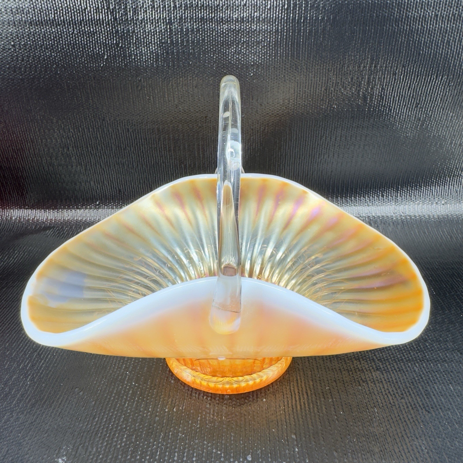 Dugan Caroline Peach Opal Opalescent Carnival Glass Handled Basket Bowl Antique Dugan Caroline Peach Opal Opalescent Carnival Glass Handled Basket Bowl Antique