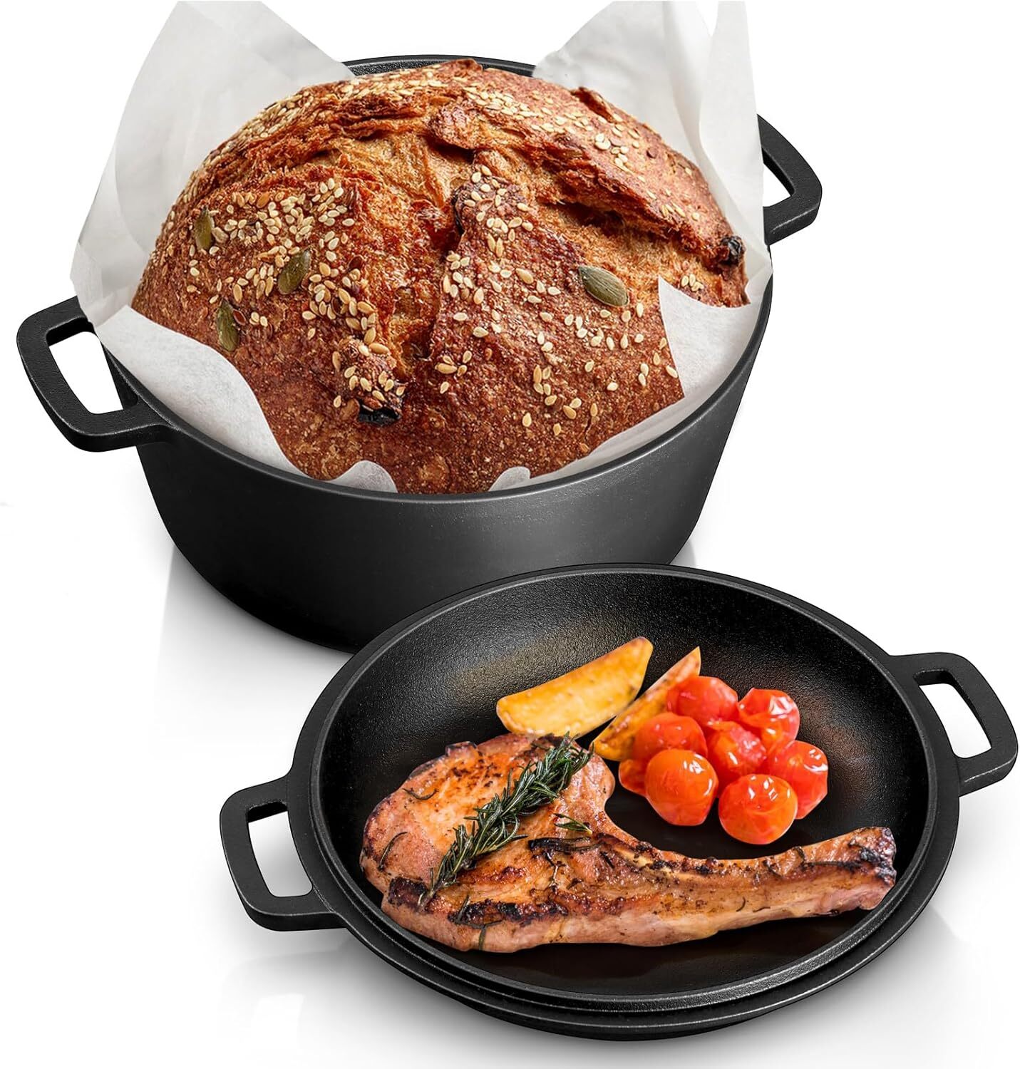 5QT Dutch Oven Pot With Lid, 2-in-1 Pre-seasoned Cast Iron Dutch Oven Stock Pot