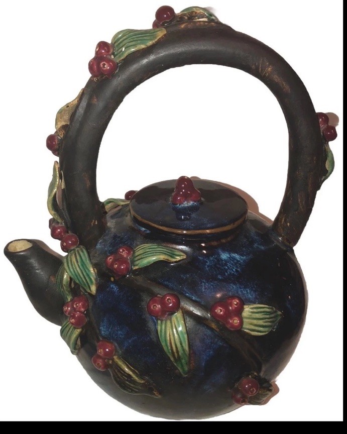 Large nice Majolica Pottery Blue Glazed Tea Pot Kettle Red Berries & Vines Large nice Majolica Pottery Blue Glazed Tea Pot Kettle Red Berries & Vines