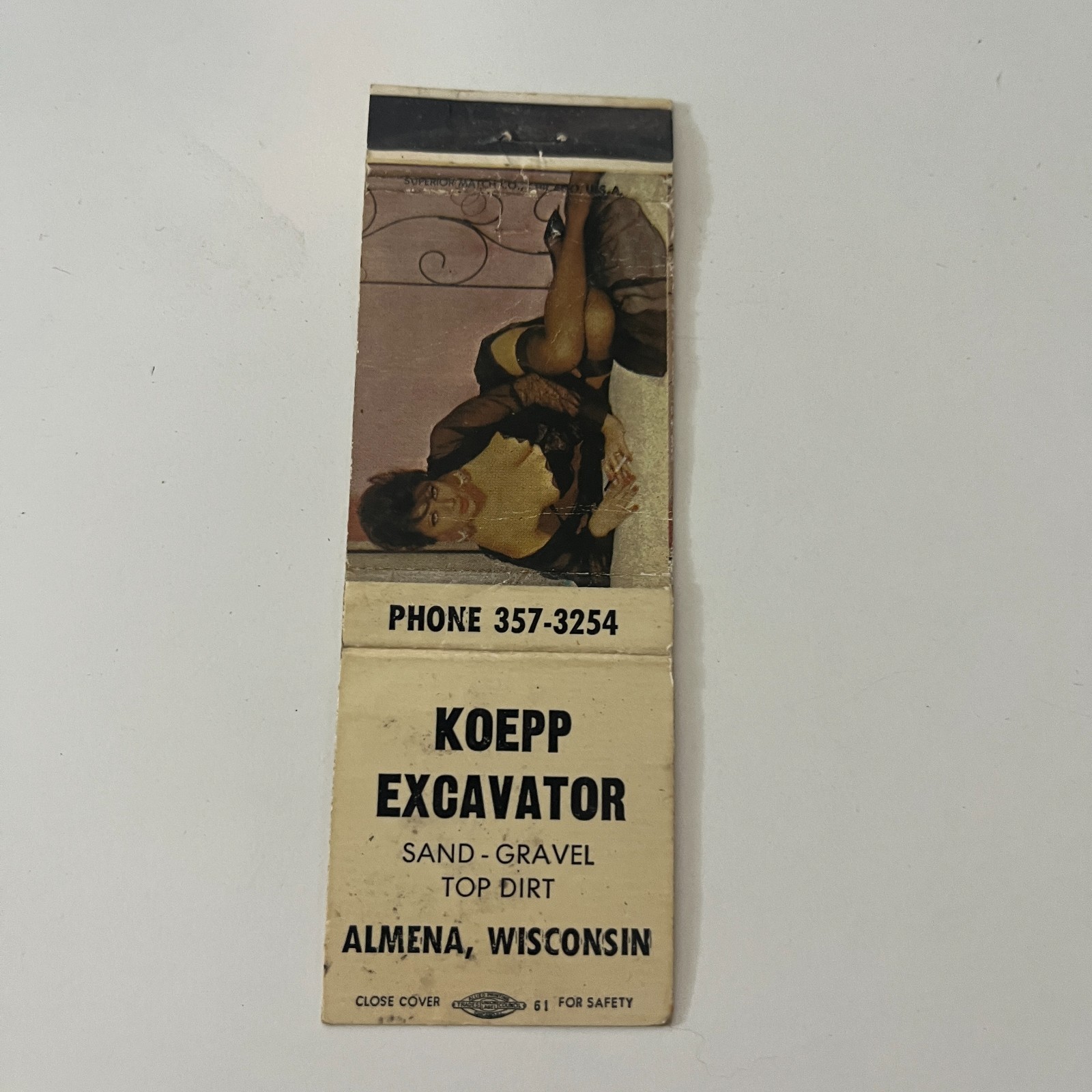 Koepp Excavator Sand Gravel Almena WI Vintage Pinup Matchbook Cover TMB41-2 Koepp Excavator Sand Gravel Almena WI Vintage Pinup Matchbook Cover TMB41-2