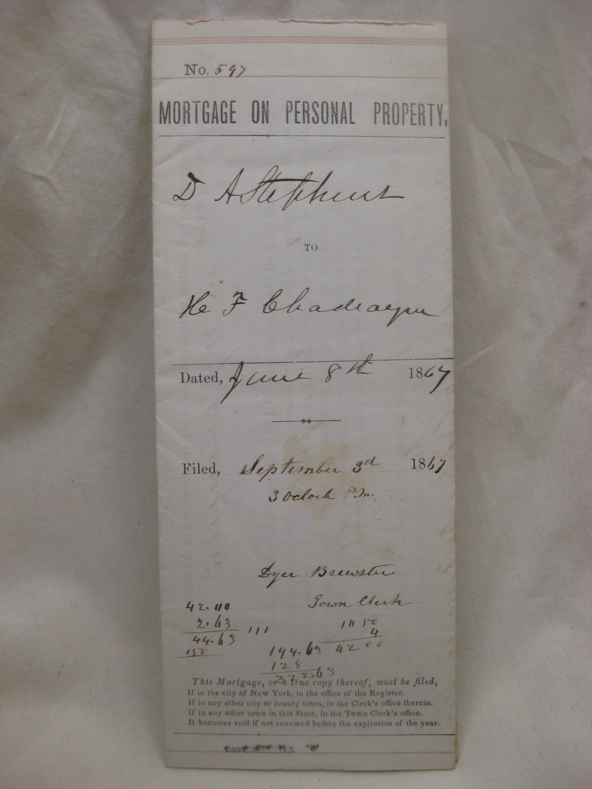 antique 1867 MORTGAGE ephemera legalese US stamp paperwork goods chattel