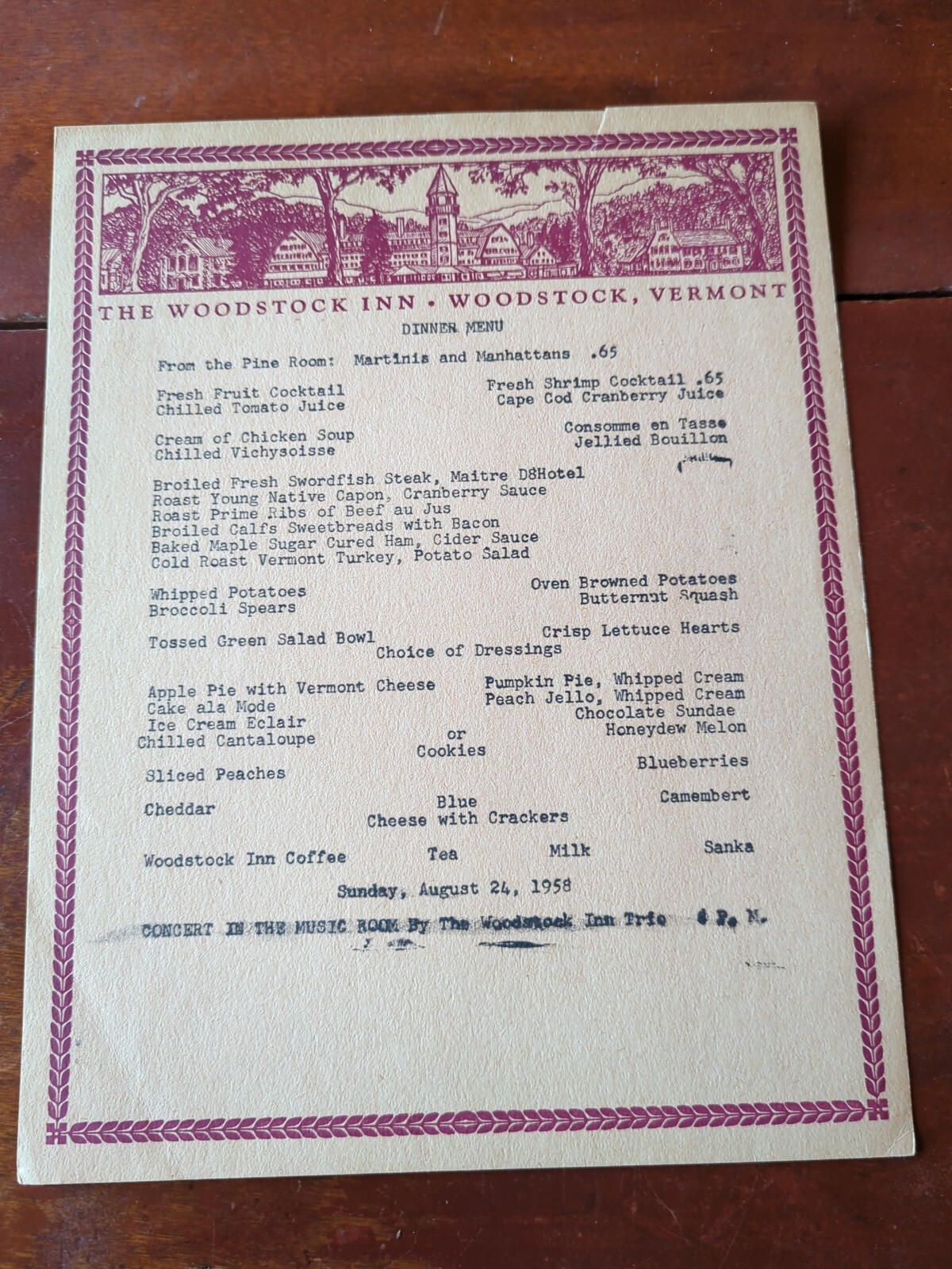 Vintage The Woodstock Inn Restaurant Menu Woodstock Vermont