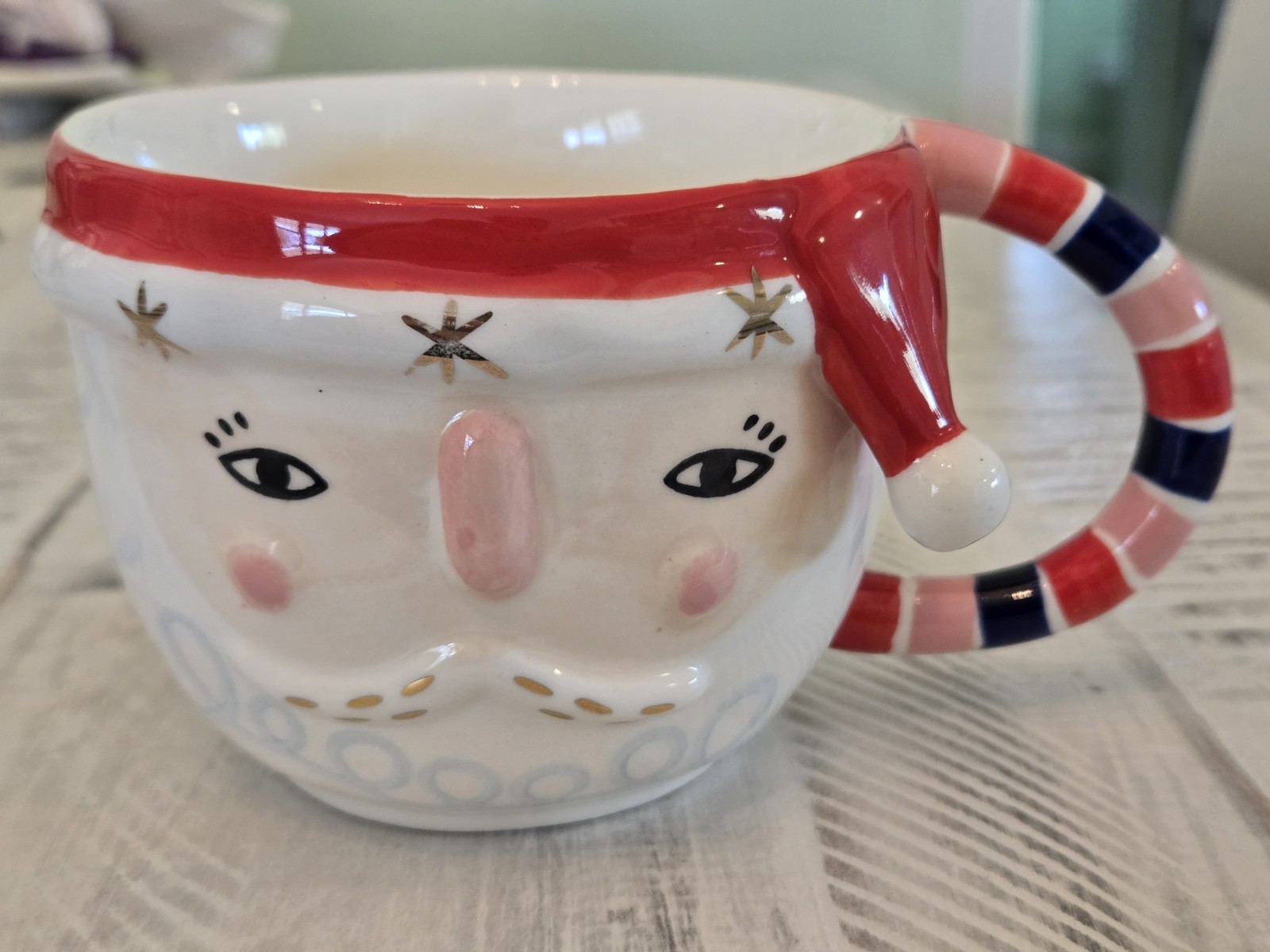 Rare Anthropologie Bird Can Fox 2019 Santa  Mug Christmas Gold Atomic Stars Mint