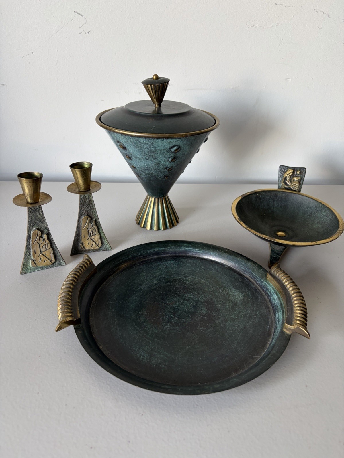 Vtg Israel Verdigris 4pc Set Candlesticks Lidded Dish Tray MCM Taya Zel-Zion Vtg Israel Verdigris 4pc Set Candlesticks Lidded Dish Tray MCM Taya Zel-Zion