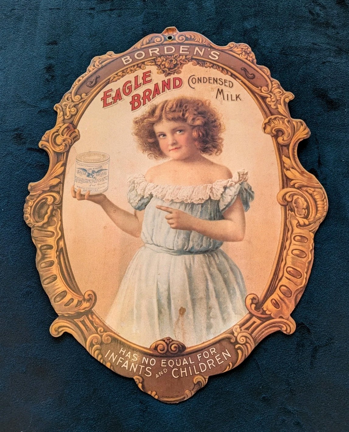 Antique 1900 Borden\'s Eagle Brand Condensed Milk Die Cut Cardboard Sign Girl Ad