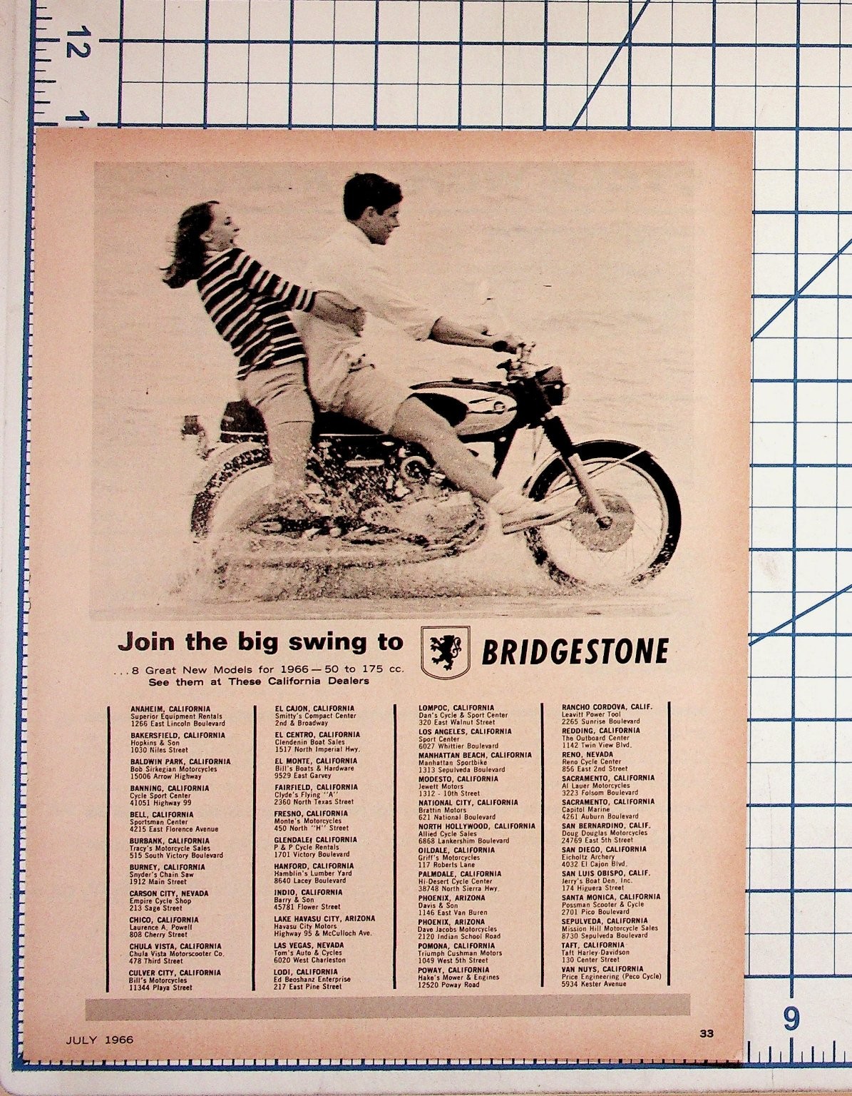 1966 Bridgestone Motorcycle Ad California Dealers Vintage Magazine Print