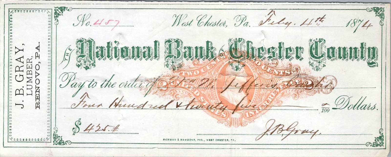 1874 J.B. Gray Lumber Check Pa. Natl Bank Chester Co. $425 Jefferson Stamp 1874 J.B. Gray Lumber Check Pa. Natl Bank Chester Co. $425 Jefferson Stamp