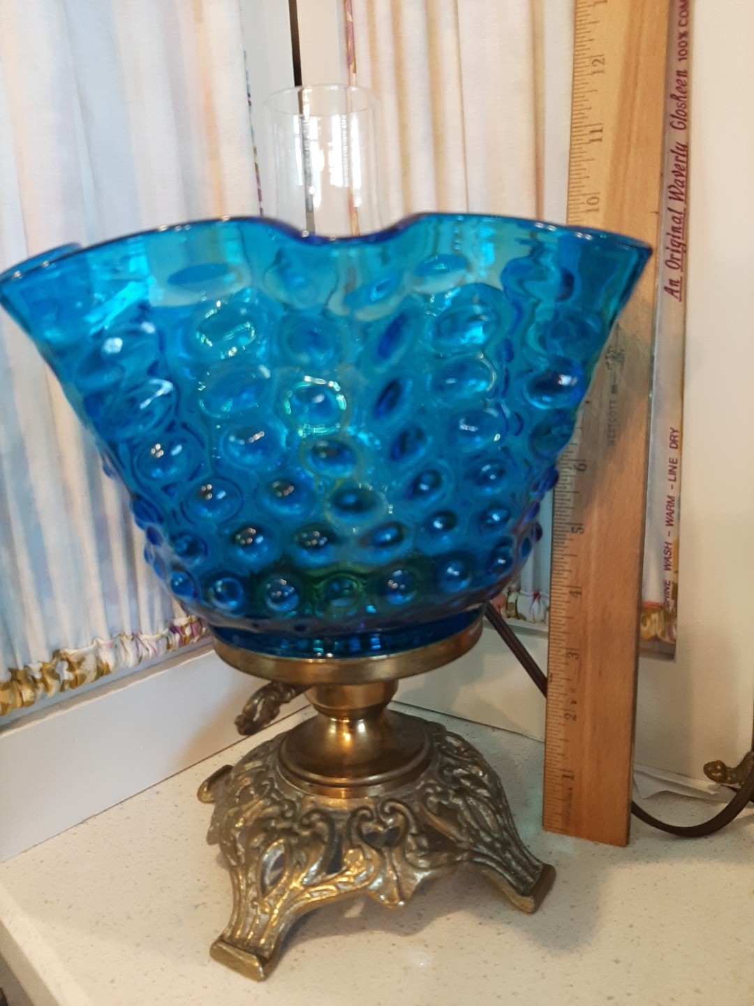 Vintage Bright BLUE Hobnail Boudior Lamp VICTORIAN BLUE COLOR SHADE EXCELLENT