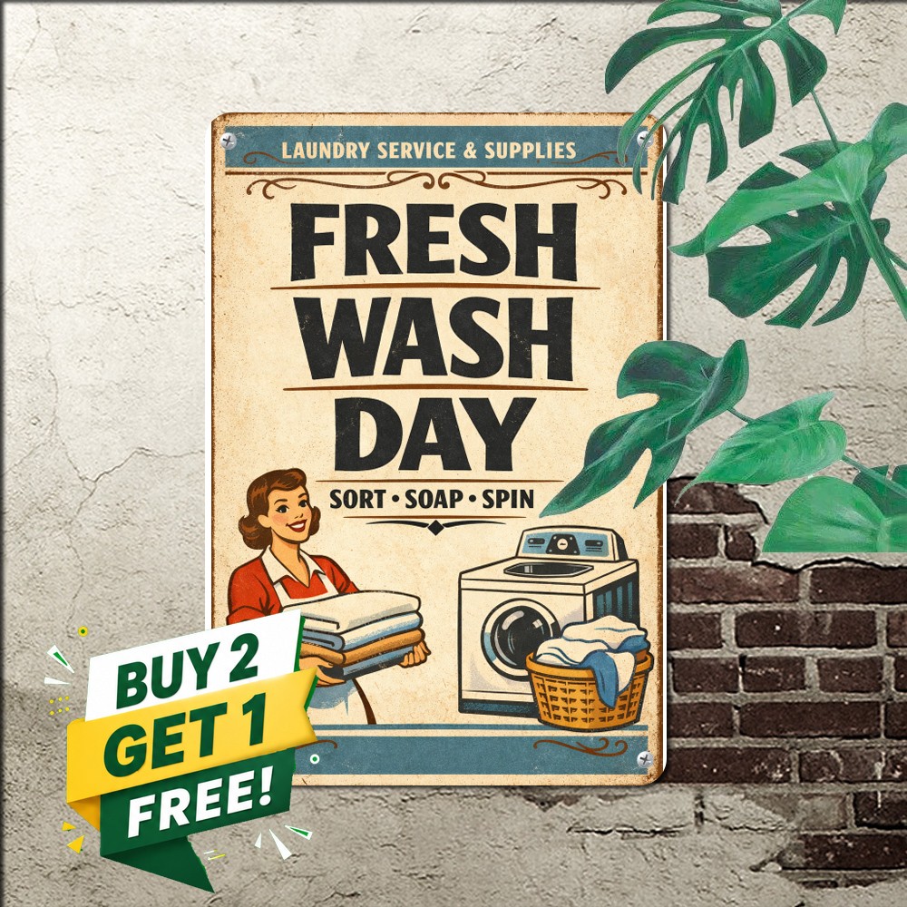 Fresh Wash Day Retro Laundry Metal Sign Mid Century Wall Decor 8x12 inch