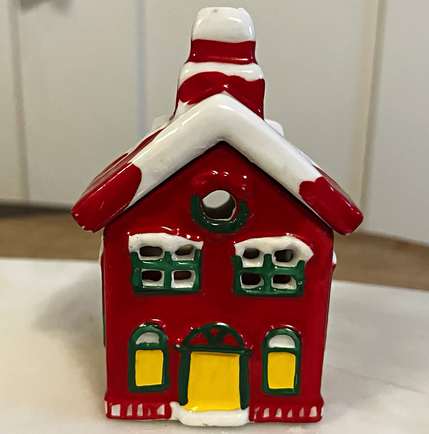 Hand Painted Ceramic Christmas House Tealight Holder Small 3.5in w/ Box