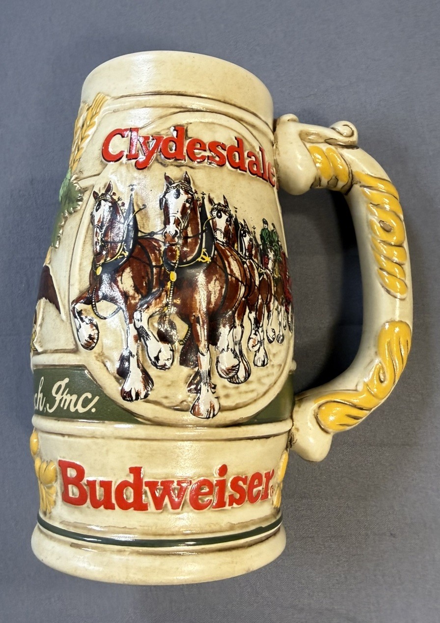 Vintage Budweiser Beer Stein of Clydesdales Pulling a Beer Wagon Busch 90s Mug 