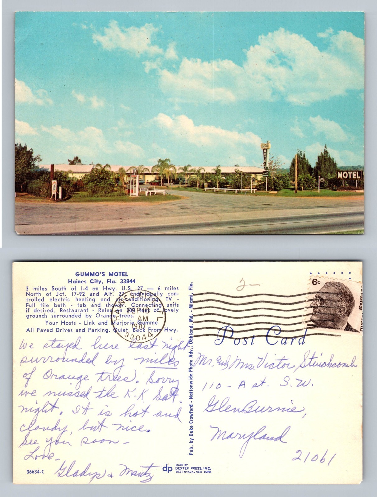 Haines City, FL-Florida, Gummo\'s Motel Orange Grove Scene Vintage c1968 Postcard