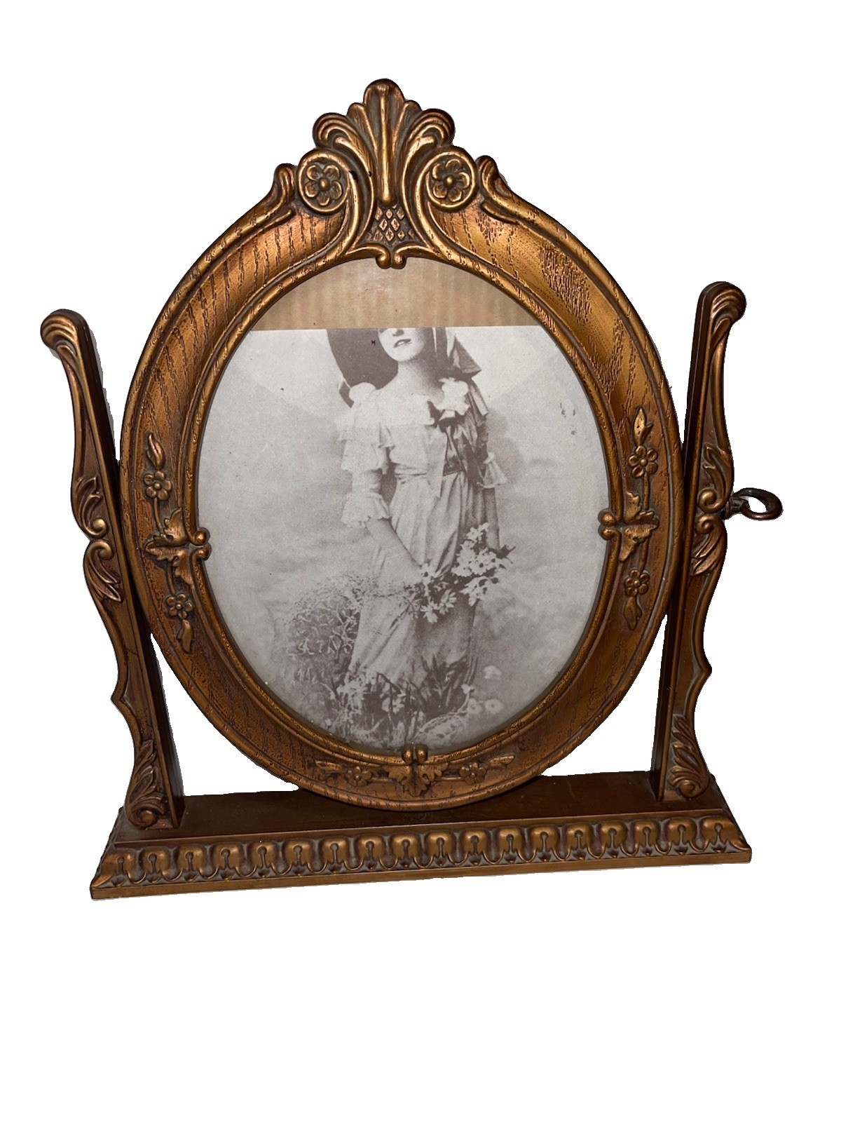 Vintage nice Gold Tone Oval Swivel Picture Frame Faux Wood Tabletop Glass Front Vintage nice Gold Tone Oval Swivel Picture Frame Faux Wood Tabletop Glass Front
