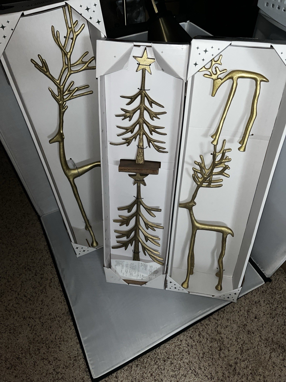 ALDI Merry Moments Reindeer SMALL MEDIUM 8 & 19” Plus Trees Gold Set Of 2 NEW