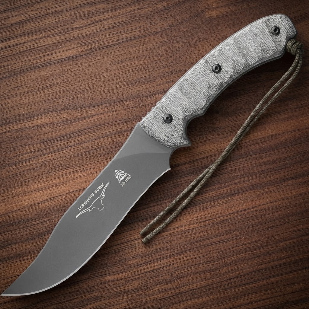 TOPS Longhorn Bowie Fixed Knife 1095HC Steel Blade Black Canvas Micarta Handle