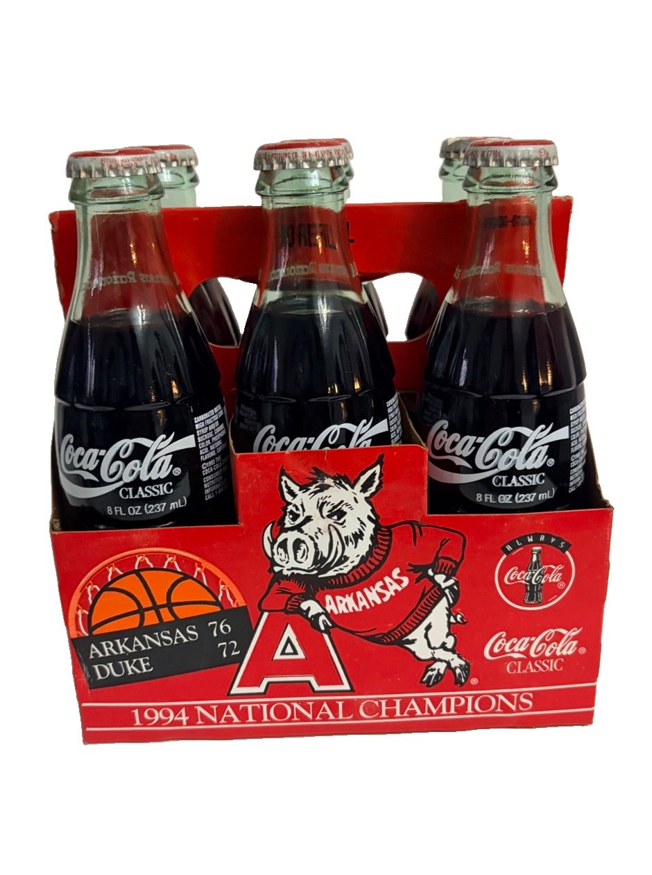 Coca-Cola 1994 Arkansas Razorbacks National Champions Classic Bottles 6-Pack GC