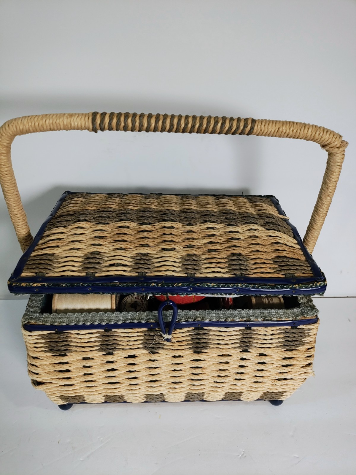 Vintage 60s/70s Woven (Japan) Sewing Box Basket w/Notions and Vintage Contents Vintage 60s/70s Woven (Japan) Sewing Box Basket w/Notions and Vintage Contents