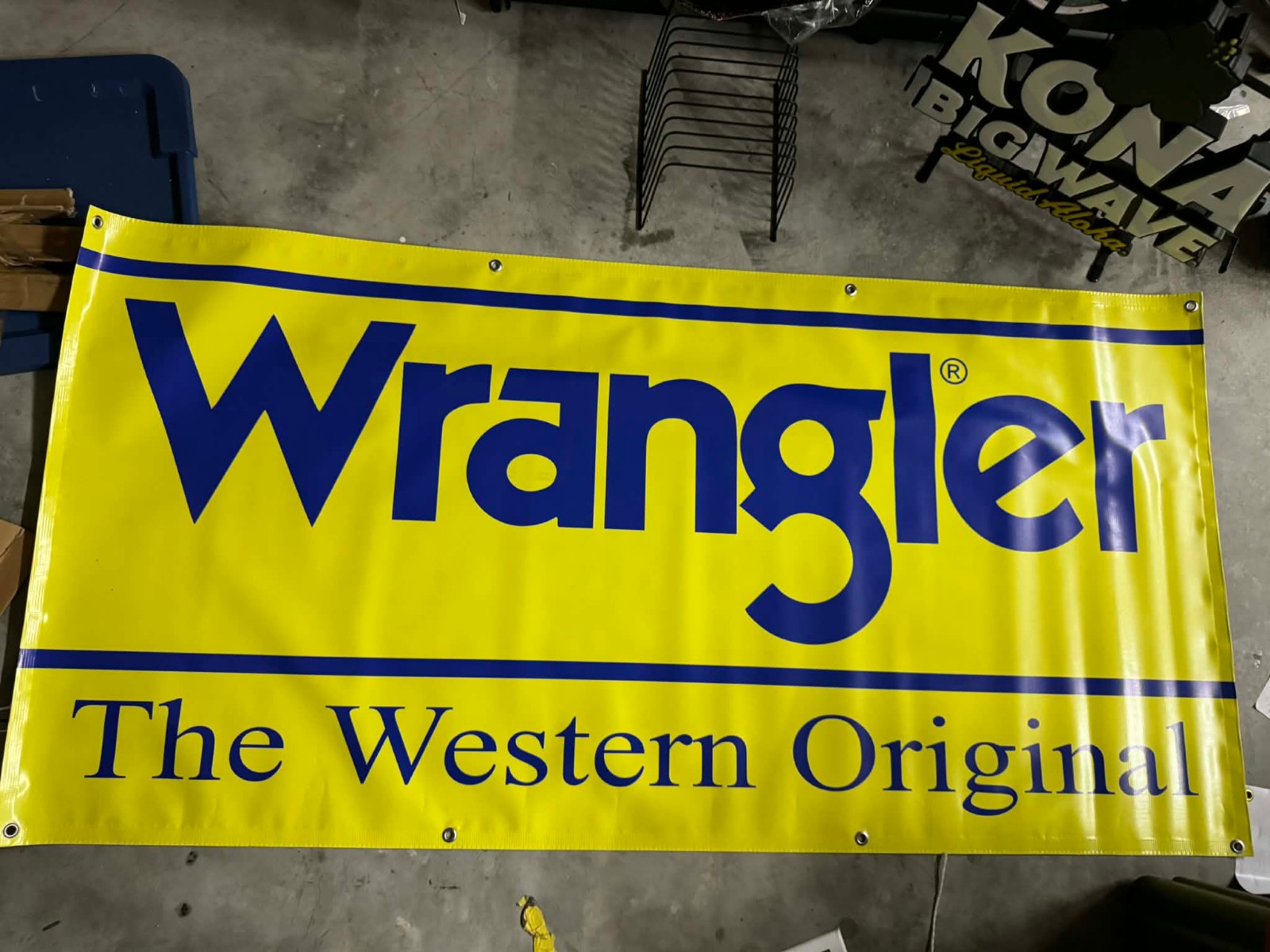 Wrangler “The Western Original” Banner – 3x6 ft Heavy Vinyl Sign with Grommets Wrangler “The Western Original” Banner – 3x6 ft Heavy Vinyl Sign with Grommets