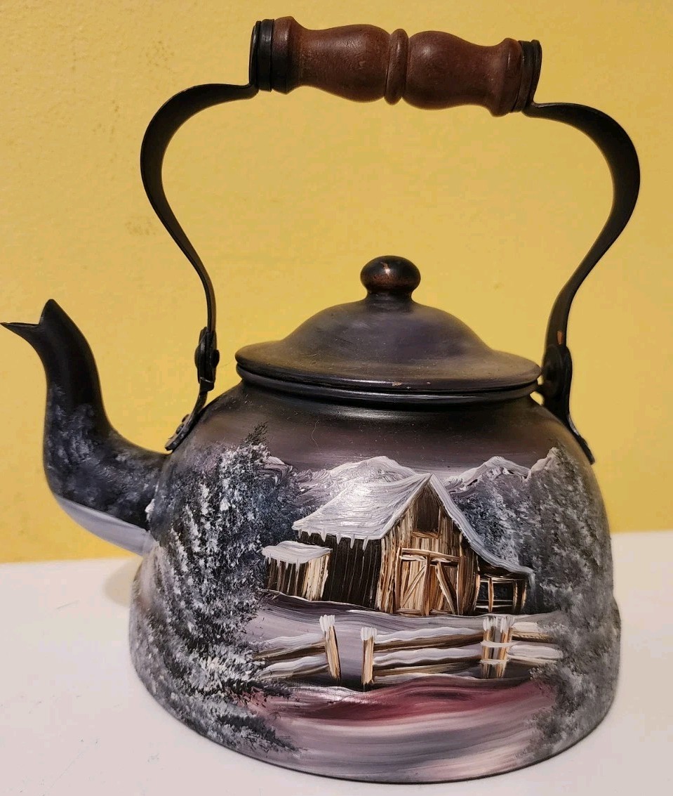 Vintage Tagus R-51 Copper Tea Kettle Hand Painted Folk Art Winter Barn Signed