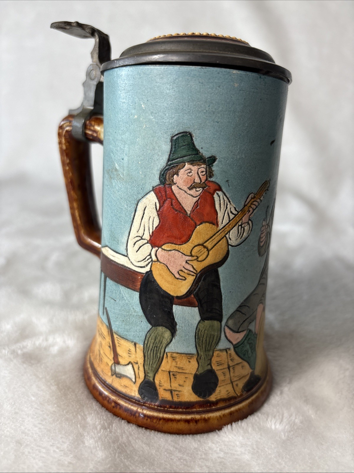Antique German Beer Stein 1/4L Mold 732 Pewter Inset Lid Bavarian Scene c1900