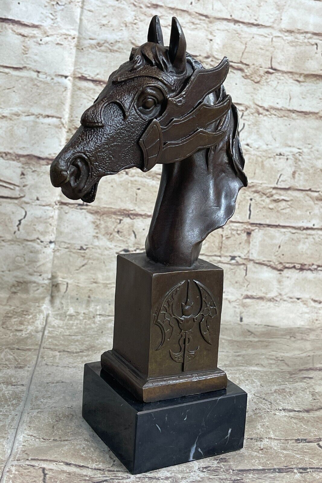 BEAUTIFUL PURE BRONZE MOUNTED HORSE STATUE BUST MARBLE BASE SCULPTURE DECORATIVE