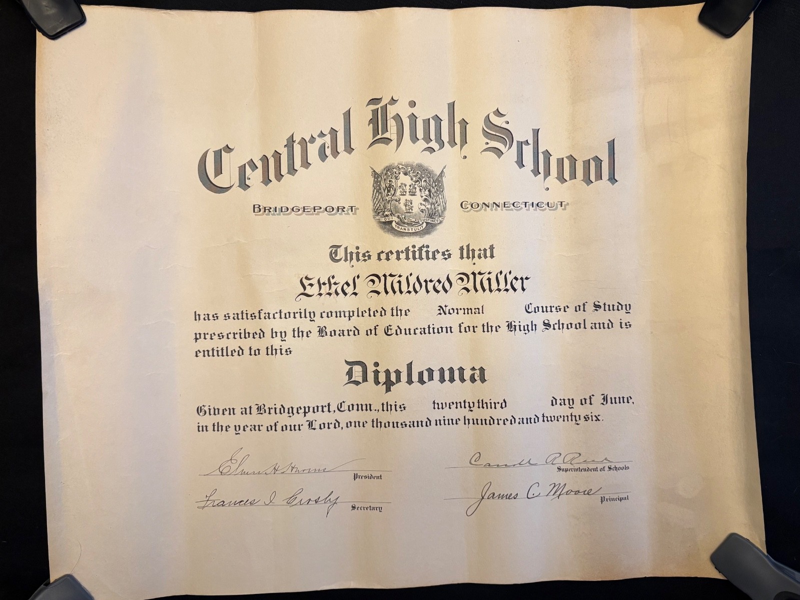 Antique Central High School 1926 Diploma Bridgeport Connecticut CT Education Old
