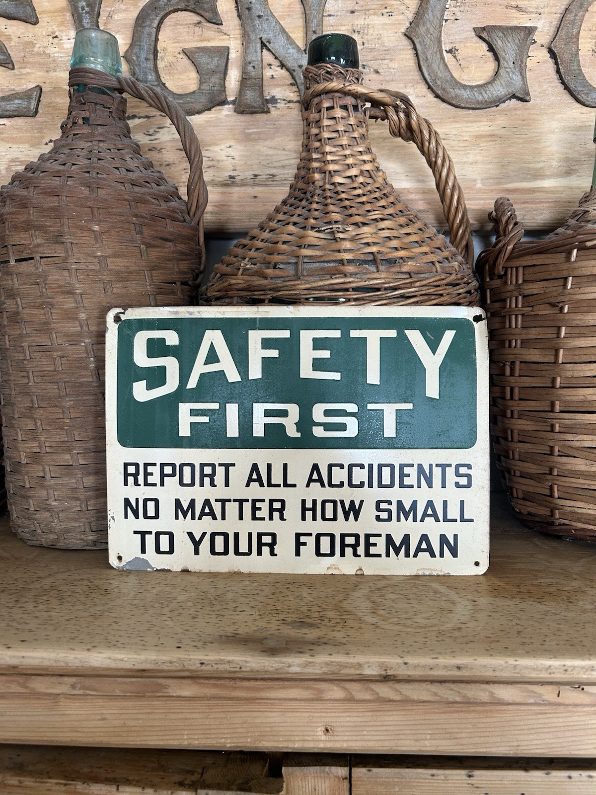 Vintage 1950s Metal Safety First Sign Report To Your Foreman Tin Painted Vintage 1950s Metal Safety First Sign Report To Your Foreman Tin Painted